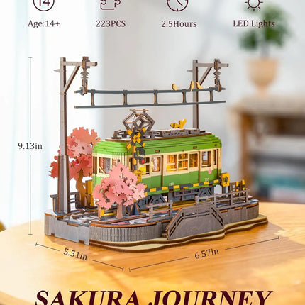 Robotime 3D Puzzles Sakura Journey DIY Model Building Toy with LED Light Wooden Craft Kits Tram Hobby for Kids Brain Teaser Gift
