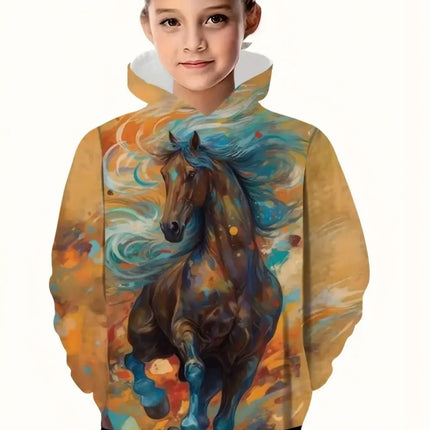 Cool Horse Girl Clothes Animals 3D Print Autumn Long Sleeve Hoodies Loose Lightweight Sweatshirt Comfortable Children's Clothing