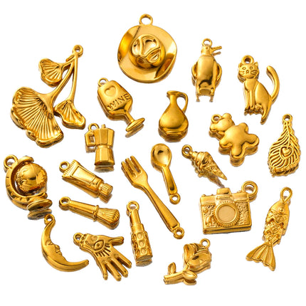 5pcs Creative Stainless Steel Moon Wine Cup Flower Spoon Fork Cat Bear Animals Small Pendants Charms for Jewelry Making Supplies