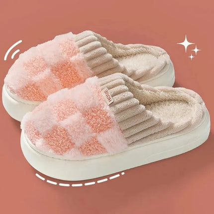 Fashion Couple Winter Toe Wrap Warm Plaid Plush Slippers Men Women Thick Soft Sole Slides Indoor Floor Flat Home Non-slip Shoes