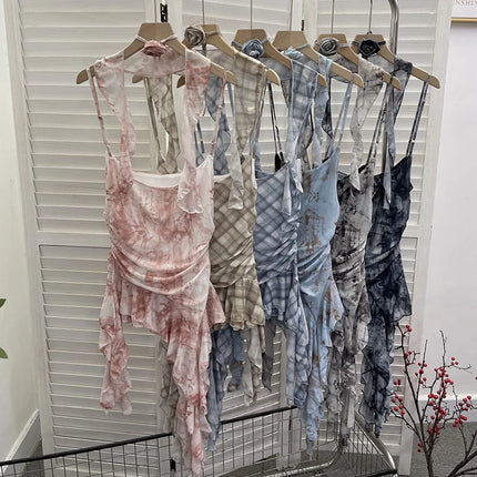 Women's Vintage Tie-dye Printed Mesh Spaghetti Strap Camisole Hot Girl Irregular Ruffled Ribbon Sleeveless Top Partyclub 1185