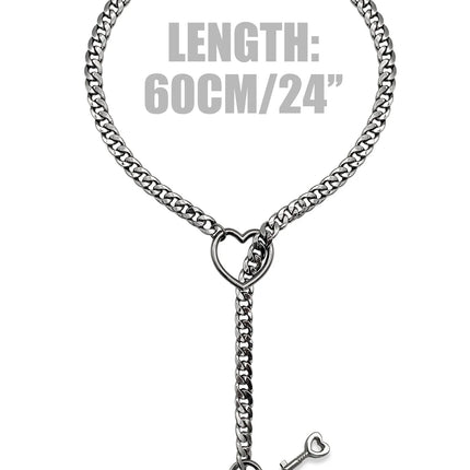 Womens Heart Slip Chain Necklace for Women with Rainstone Lock and Key Cuban Link Chunky Punk Rock Stainless Steel Choker