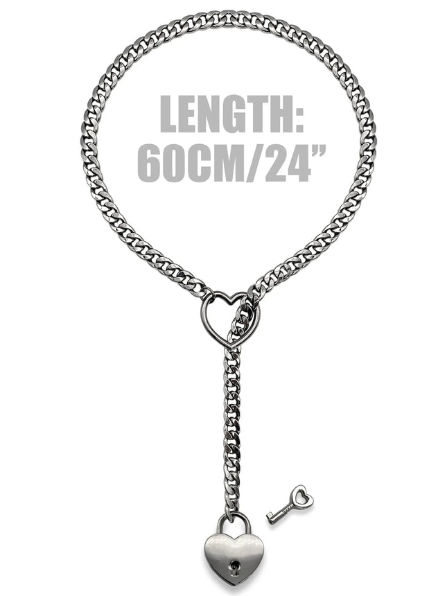 Womens Heart Slip Chain Necklace for Women with Rainstone Lock and Key Cuban Link Chunky Punk Rock Stainless Steel Choker