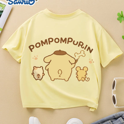 Sanrio Summer Creative Cartoon Pudding Dog Print T-Shirt Fashionably Versatile Breathable Boys Girls Clothing Suitable All Ages