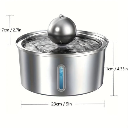 3.2L Stainless Steel Pet Water Fountain with Ball Water-Level Window Ultra-Quiet Cat Dispenser  Automatic Drinking Feeder Bowl