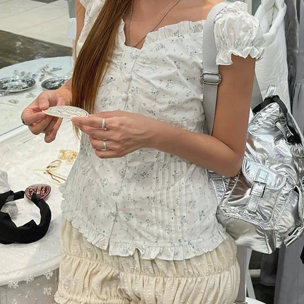 Blue Striped Folds Blouse Top Women New Casual Single Breasted Ruffle Sleeveless Tank Tops Vest Sweet Preppy Style Camisole Y2K