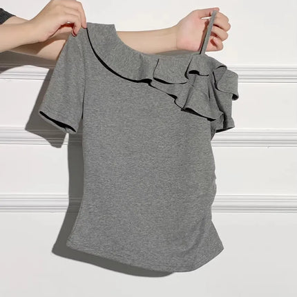 2026 New Style Ruffle Sloping Shoulder Short-sleeved T-shirt Sexy Exposed Collarbone Unique Design Top for Women
