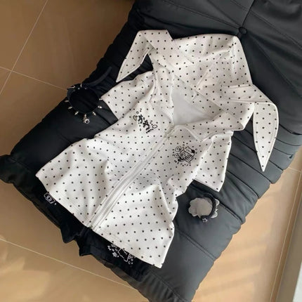 Japanese Vintage Rabbit Ears Hoodie Long Sleeve Polka Dot Print Y2k Retro Slim Zipper Patchwork Sweatshirt Women Sweet Cartoon