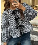 2025 Plus Size Black White Plaid Shirt: Bow Long Sleeve Blouse with Elegant & Breathable Fabric for Office Casual Chic Style