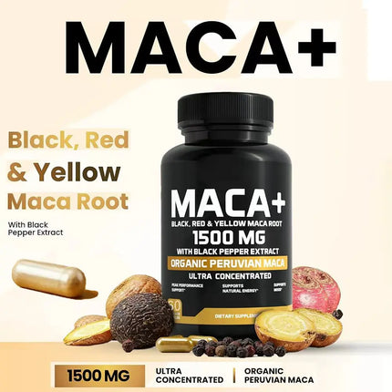 Organic Maca Root Powder Capsules 1500mg with Black Pepper Extract & Maca Root Extract, Energy & Mood Supplemet for Men & Women