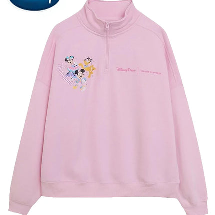 Disney Pink Disneyland Letter Embroidery Cartoon Mickey Minnie Cute Print Sweatshirt Zipper Women Jumper Fleece Pullover Unisex