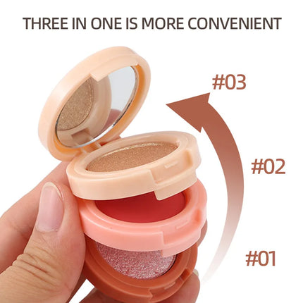 3 In 1 Blush Highlighter Palette Three-Layer All-In-One Powder Palette Pearly Blush Shiny Pearlescent
