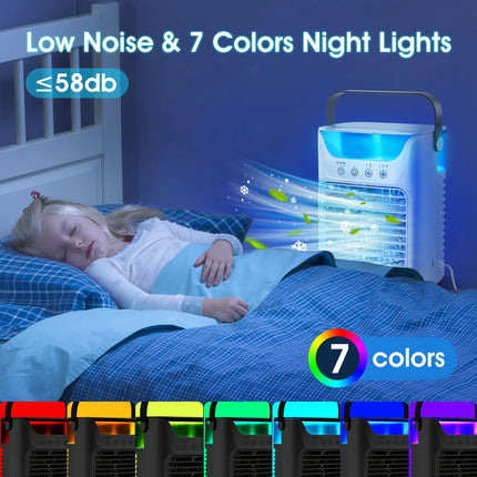 Portable Air Conditioner 3-in-1Mini Fan Cooler & Humidifier with 700 ml Top-Fill Water Tank & 7-Color Night Light 2/4/6 H Timer