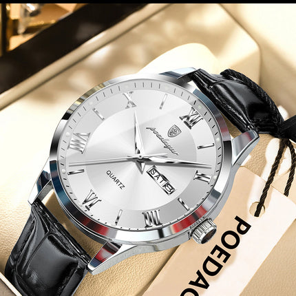 POEDAGAR Classic Luxury Men's Wristwatch Date Week Leather Business Man Watch Waterproof Luminous Fashion Quartz Watches For Men