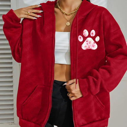 Flower Cat Feet My Shadow Has Four Legs And A Tail Print Zipper Hoody Woman Y2K Autumn Hoodies Loose Fleece Casual Sportswears