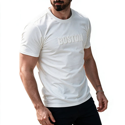 Men Embossed Letter Short Sleeve T Shirt Soft Stretch Regular Fit Versatile Daily Street Vacation Leisure Summer Casual Tops