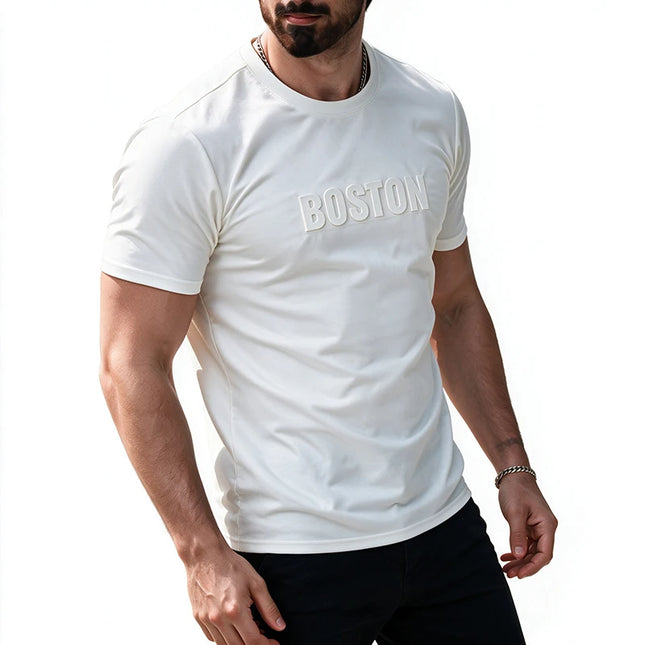 Men Embossed Letter Short Sleeve T Shirt Soft Stretch Regular Fit Versatile Daily Street Vacation Leisure Summer Casual Tops