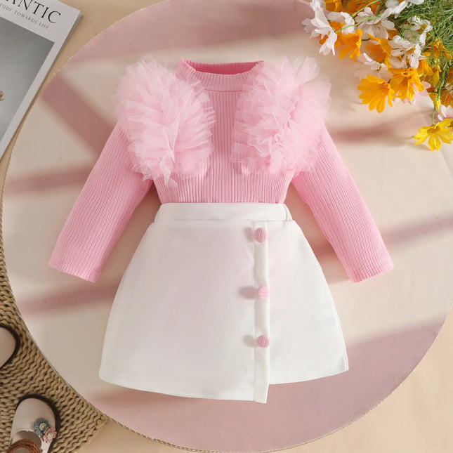 Baby Girl Clothes Tulle Trim 2Pcs Sets 0-3Y Baby Dresses Long Sleeve Top and Button Accent Skirt for Newborn Girls Party Outfit