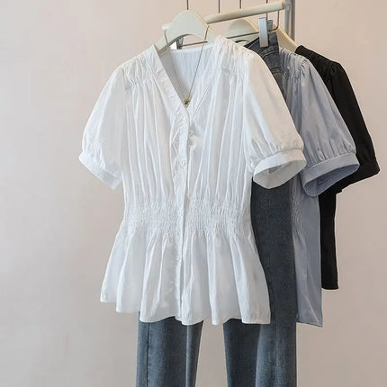200 Pounds Plus Size Elastic Waist Office Lady Trend Shirt And Blouse Short Sleeve Solid Top  Women Clothing V-neck French Chic