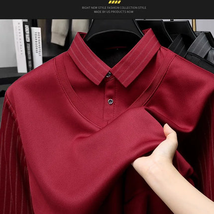 Men's Winter Thickened Fleece Lined Knitwear Polo Shirt Long Sleeve Loose Fit Solid Color Thermal Base Layer Two-Piece Look