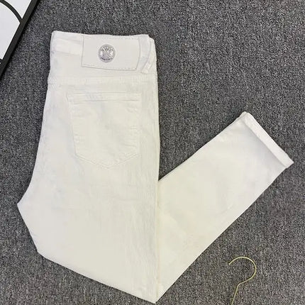 Classic White Cotton Solid Jeans Men's Slim-Fit Small Feet Casual Korean Trendy Versatile Black White Boyfriend Skinny Pants