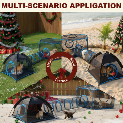 3-in-1 Portable Mesh Pet Fence Playhouse Multi-Animal Cage with Tunnel Indoor Outdoor Easy Setup for Cats And Small Animals