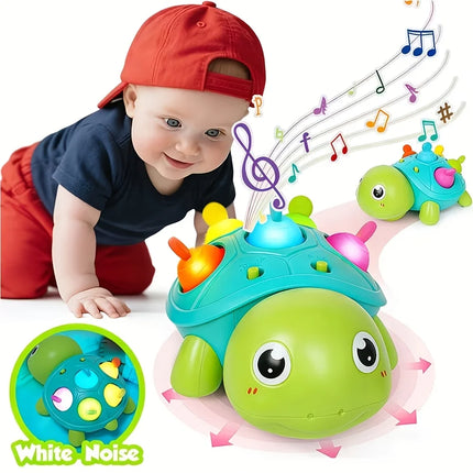 Baby Crawling Turtle Toy, Moving Musical Light-Up Infant Toy with White Noise, Obstacle Avoidance Educational Toy for 0 Months+