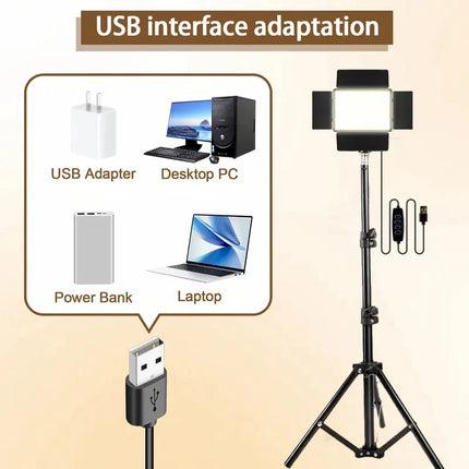 LED Square Ring Light with Adjustable Tripod Stand, USB Powered, 3 Color Temperatures, Metal Stand, for Studio Photography Live