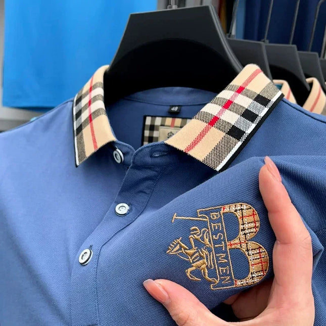 Luxury brand short sleeve men's polo shirt summer high-end fashion plaid embroidery lapel casual T-shirt breathable cotton top