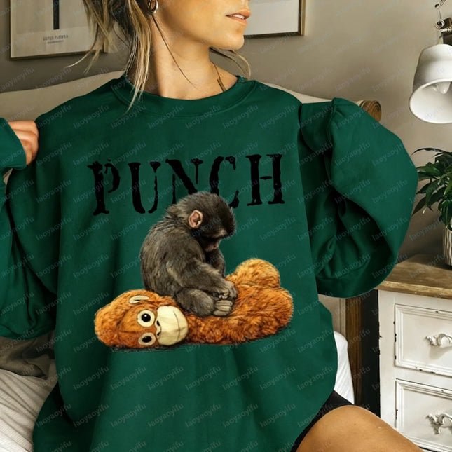 Punch Cozy Kawaii Autumn and Winter Sweatshirt Baby Monkey and Plush Toy Animal Lover Gift Cute Viral Matching Hoodies Pullover