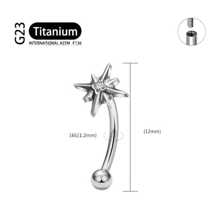 ASTM F136 Titanium 16G CZ North Star Rook Earring 6mm 8mm 10mm 12mm Curved Barbell Eyebrow Cartilage Tragus Labret Piercing