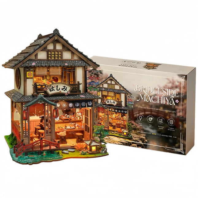 Bridgeside Machiya Izakaya Cottage 3D Wooden Puzzle DIY Handmade Assembly Model Kit Home Decoration Birthday Gift For Adults