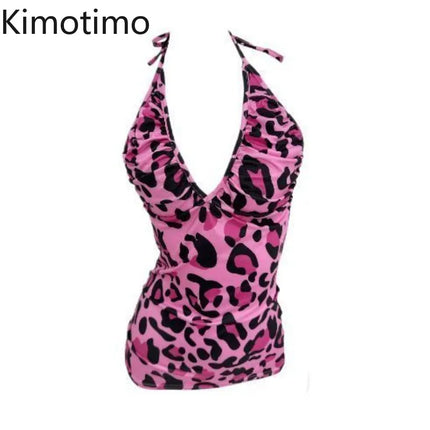 Kimotimo Y2k Street Pink Leopard Print V-Neck Halter Camisole Women's Sexy Backless Slim Fit Waist Tank Top Spicy Girls Chic Vest