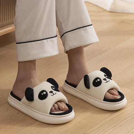 Home Slippers Panda Cat Women Summer Cute Linen Couples Indoor House Non-Slip Thick Funny Sandals Cartoon Kawaii Shoes 2025 New