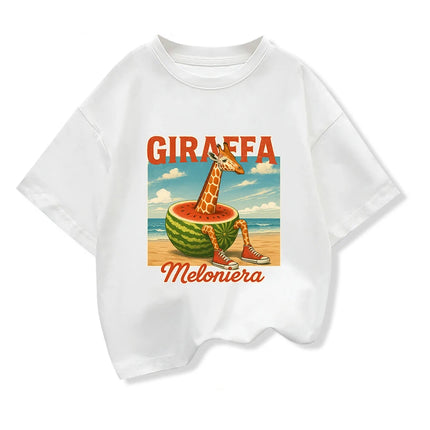 Giraffa Meloniera Graphic T-shirt for Children Funny Italian Brainrot Meme Kids Short Sleeve Tees Boys Girls O-Neck Loose Tops