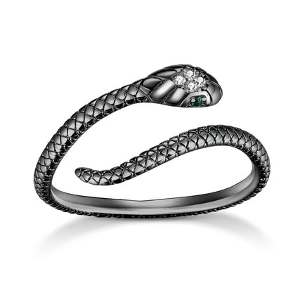 BAMOER 925 Sterling Silver Retro Textures Snake Adjustable Ring, 18K Gold Green Zircon Animal Ring Stackable Jewelry 4 Colors