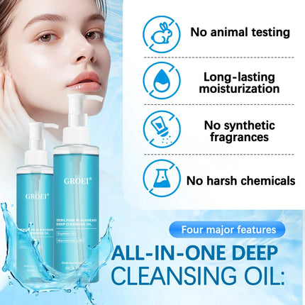 GROEI Cleansing Oil, Gentle Deep Cleansing, 3-in-1 for Eyes/Lips/Face, Skin-Nourishing Non-Comedogenic