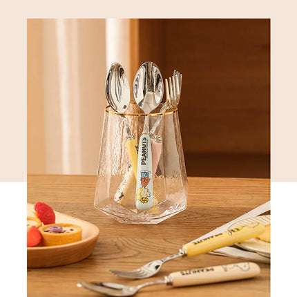 Genuine 2Pcs Cute Cartoon Snoopy Stainless Steel Spoon Ceramic Handle Spoon Fork Children's Tableware