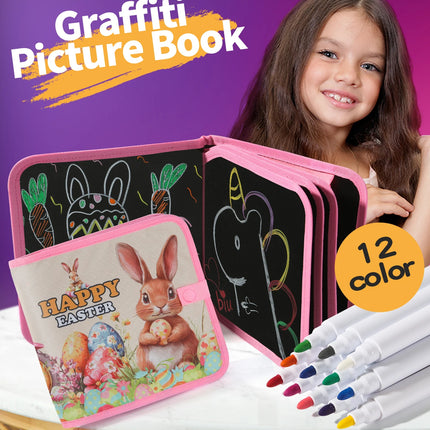 Kids Easter Bunny Blackboard Graffiti Book-Reusable Washable Painting Notebook with 12 Color Pens, Portable Educational Toy Gift
