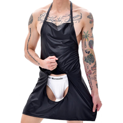 Sexy Men Erotic Open Crotch Faux Leather Apron Man Underwear Bodysuit Lingerie Clubwear Cosplay Costume Chef Butcher