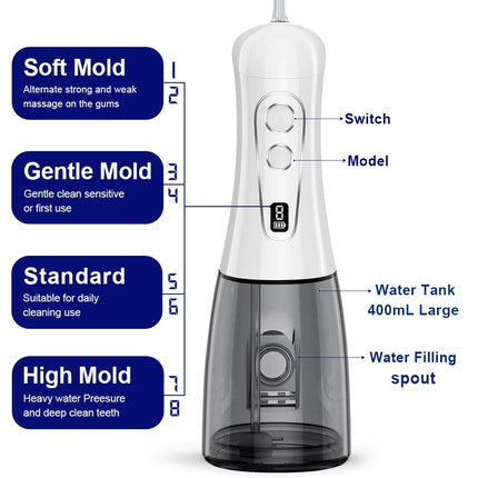 Electric Oral Irrigator 8 Modes Portable Water Flosser Rechargeable Waterproof Mouth Washing Machine 5 Jet Tips 400ML Water Tank