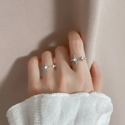 PANJBJ 925 Sterling Silver Four-pointed Star Shining Zircon Ring High-end Personalized Opening Adjustable Jewelry