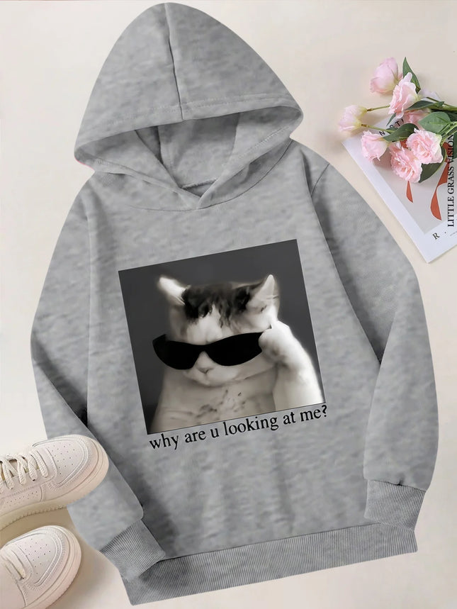 Autumn/Winter Cat Women's Hooded Sweatshirt, Warm & Stylish with Print Design, Fashion Casual HipHop Sweatshirt, Harajuku Unisex