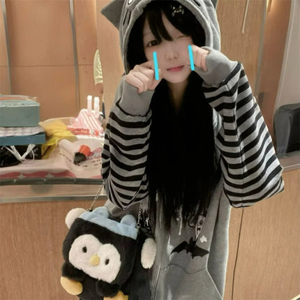 Cat Ear Hooded Sweatshirts Jackets Women Clothing Y2k Tops Patchwork Striped Anime Hoodie Ropa Mujer Casual Fashion Hoodies Coat