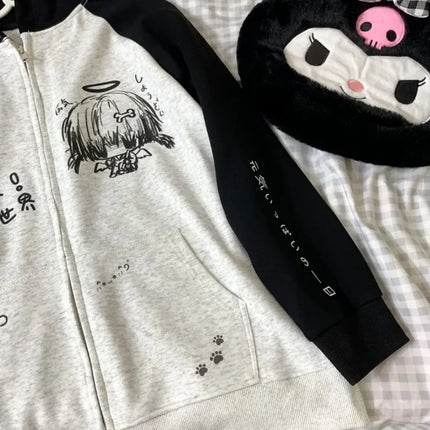 Zip Up Hoodie Cartoon Japanese Grunge Sweatshirt Women Clothing Streetwear Anime Print Jackets Y2k Tops Casual Loose Outerwear