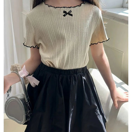 Girls' Ice Silk T-shirt Korean Style Short Sleeve Tops Children's Clothes 2025 Girl Summer Teen Kids Bow Round Neck Solid Tops