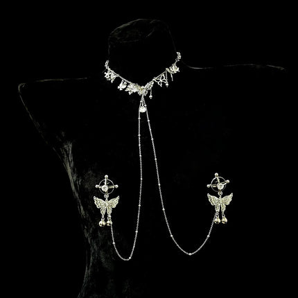 Silver Butterfly Bell Nipple Clamps Pearl Collar Body Chain Detachable Integrated Design Sexy Accessories SM Training Sex Toys