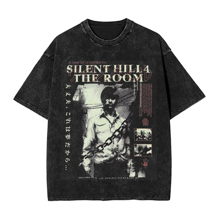 Washed T Shirts Horror Silent Hill Heavens Night Hip Hop T-Shirt Street  Streetwear Short Sleeve Printed Tops Tees Men Women