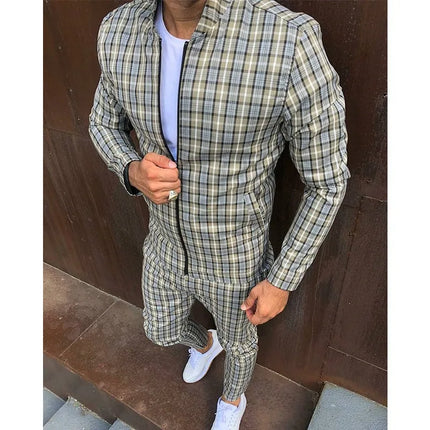 2025 Men Tracksuit 2pc Set Gym Hiking Plaid Zipper Hoodie Cargo Pants Autumn Athleisure Outfit Fleece Jogger Sportswear