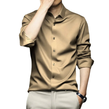 6XL Men Shirt Long Sleeve Slim Fit Luxury Smooth Soft Anti-wrinkle Non-ironing Solid Color Ice Silk Shirts Men Long Sleeve